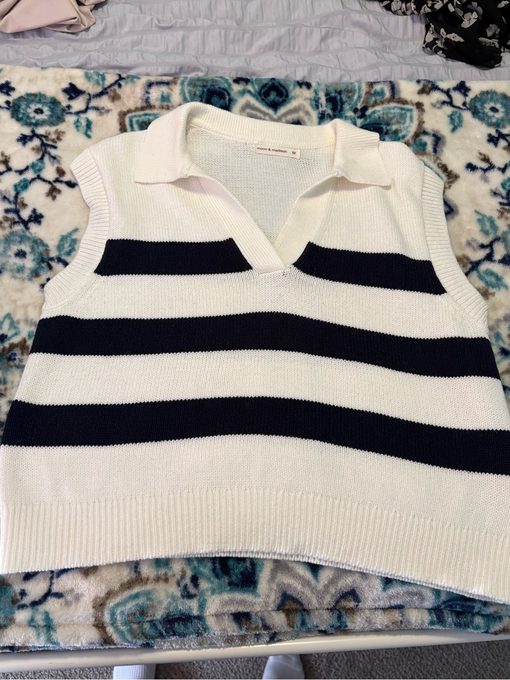 Navy and white striped collared sweater vest
